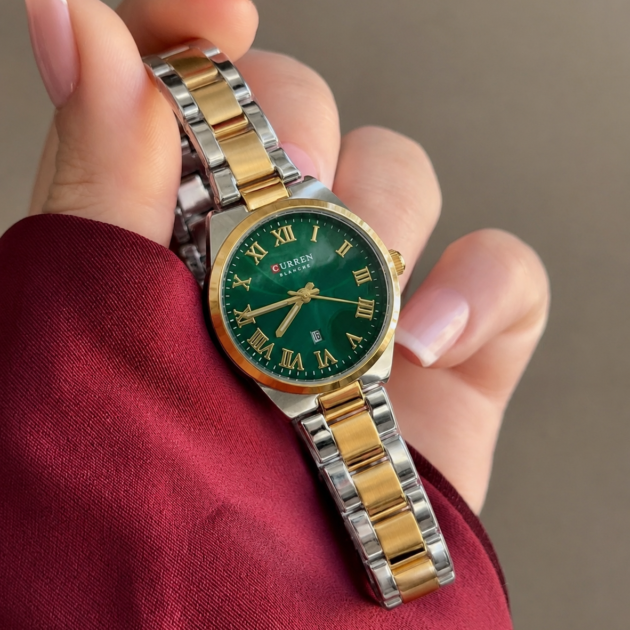 Curren 9095 براصلي ذهبي فضي خلفية خضراء