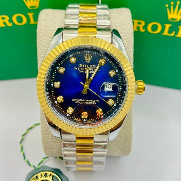 ساعة رجالية RO.LEX براصلي ذهبي فضي خلفية زرقاء