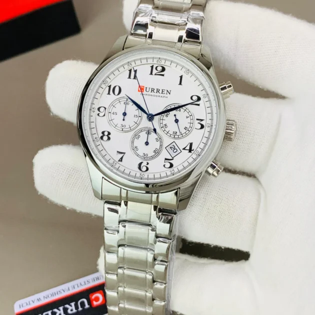 ساعة رجالية Curren 8466 براصلي فضي خلفية بيضاء