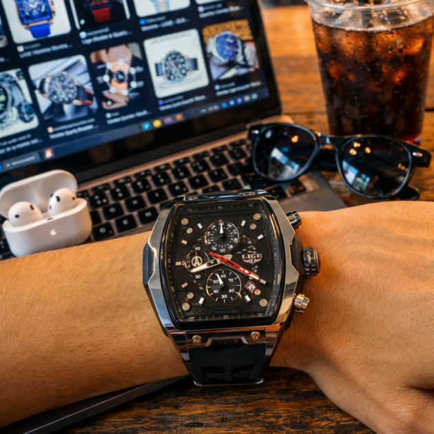 ساعة رجالية LIGE براصلي سيليكون اسود بلكامل