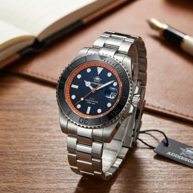 ساعة رجالية ADDIESDIVE براصلي فضي بخلفية سوداء